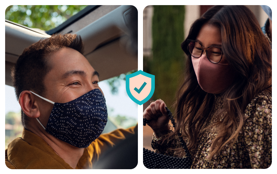 A Lyft driver and passenger both happily wearing Covid masks