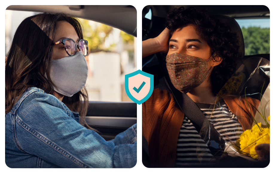 A Lyft driver and passenger both happily wearing Covid masks