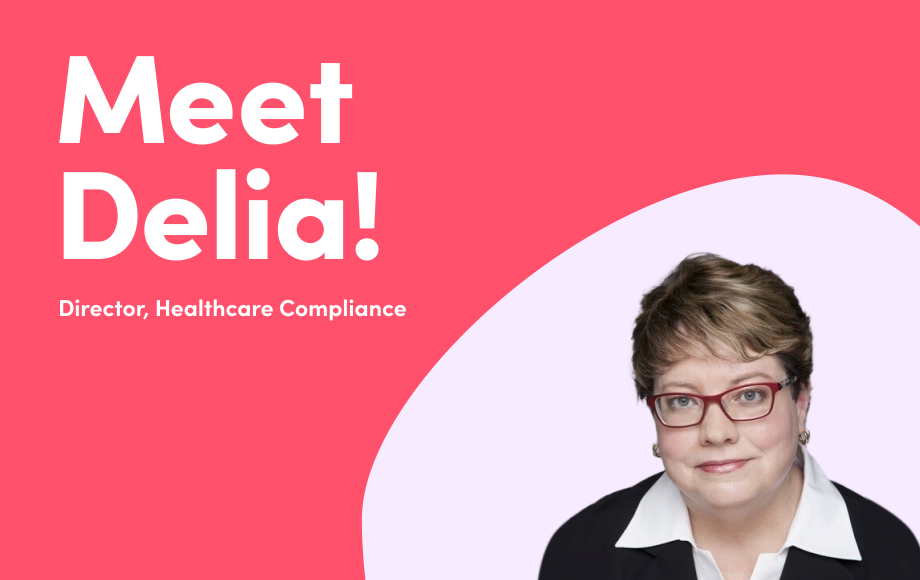 Delia Johnson smiling with text Meet Delia! Director of Healthcare Compliance