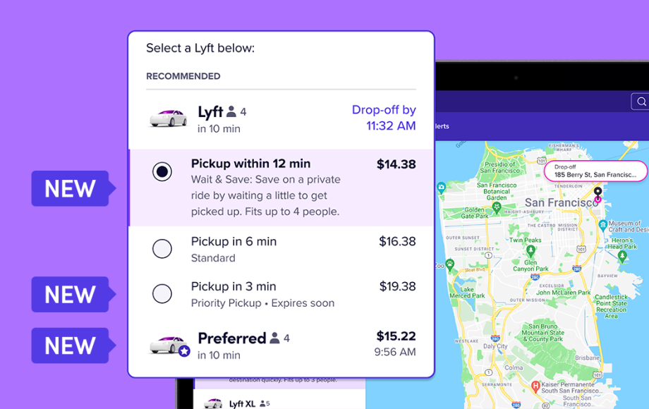 Screenshot of Lyft Concierge software showing ride option selection screen