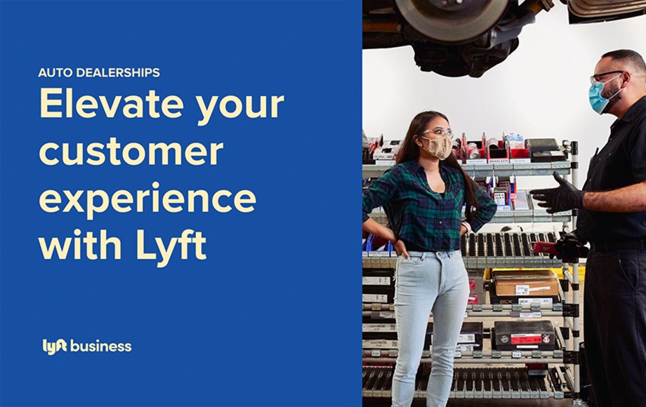 A car dealer service representative speaking to a customer in the service center with text: Elevate your customer experience with Lyft