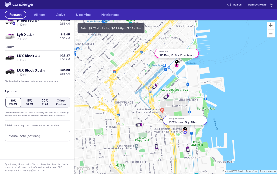 Lyft Concierge admin screen showing the new tipping feature now available.